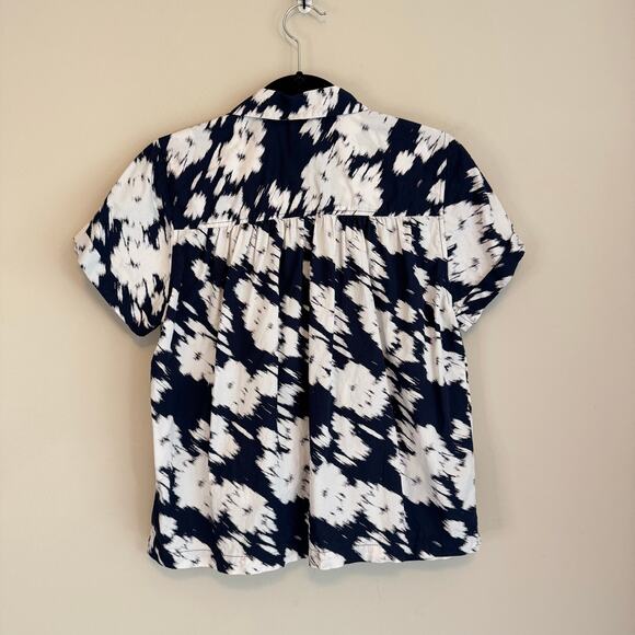 ICHI Button Up Shirt Women 36 US L Blue Floral Cotton Short Sleeve Office Preppy - Picture 2 of 5